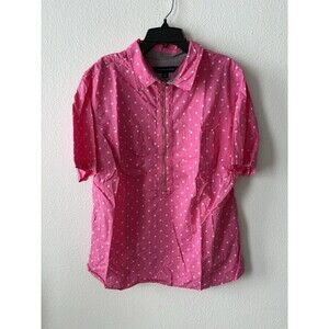 Tommy Hilfiger Zip Up Collared Shirt Women's Size 0X Pink With White Polka Dots